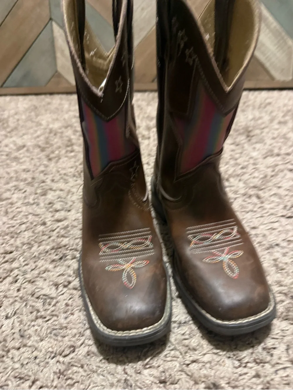 Shyanne Brown Kids Cowboy Boots with Rainbow Shaft Accent